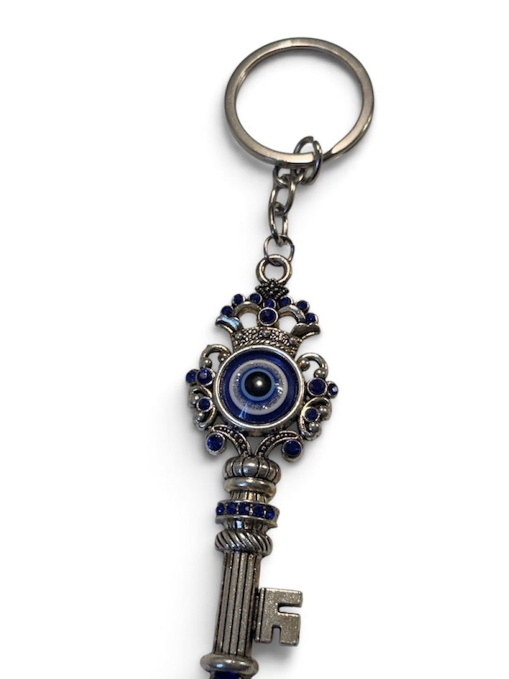 eye candy Silver Key-Shaped Keychain with Blue Evil Eye Accents